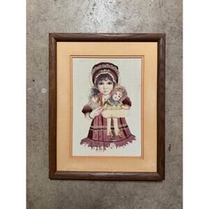 Framed Needlepoint Embroidery – Girl with Doll by Jan Hagara – Vintage 20” x 16”